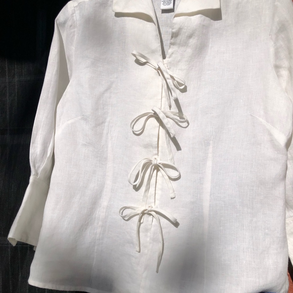 Pink Ribbon Collection White 100% Linen Tie Front Shirt Blouse M